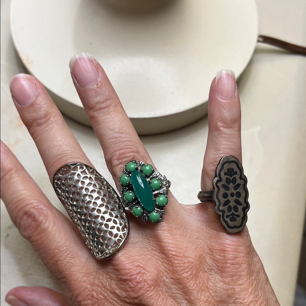 Silver and Green Statement Ring Set